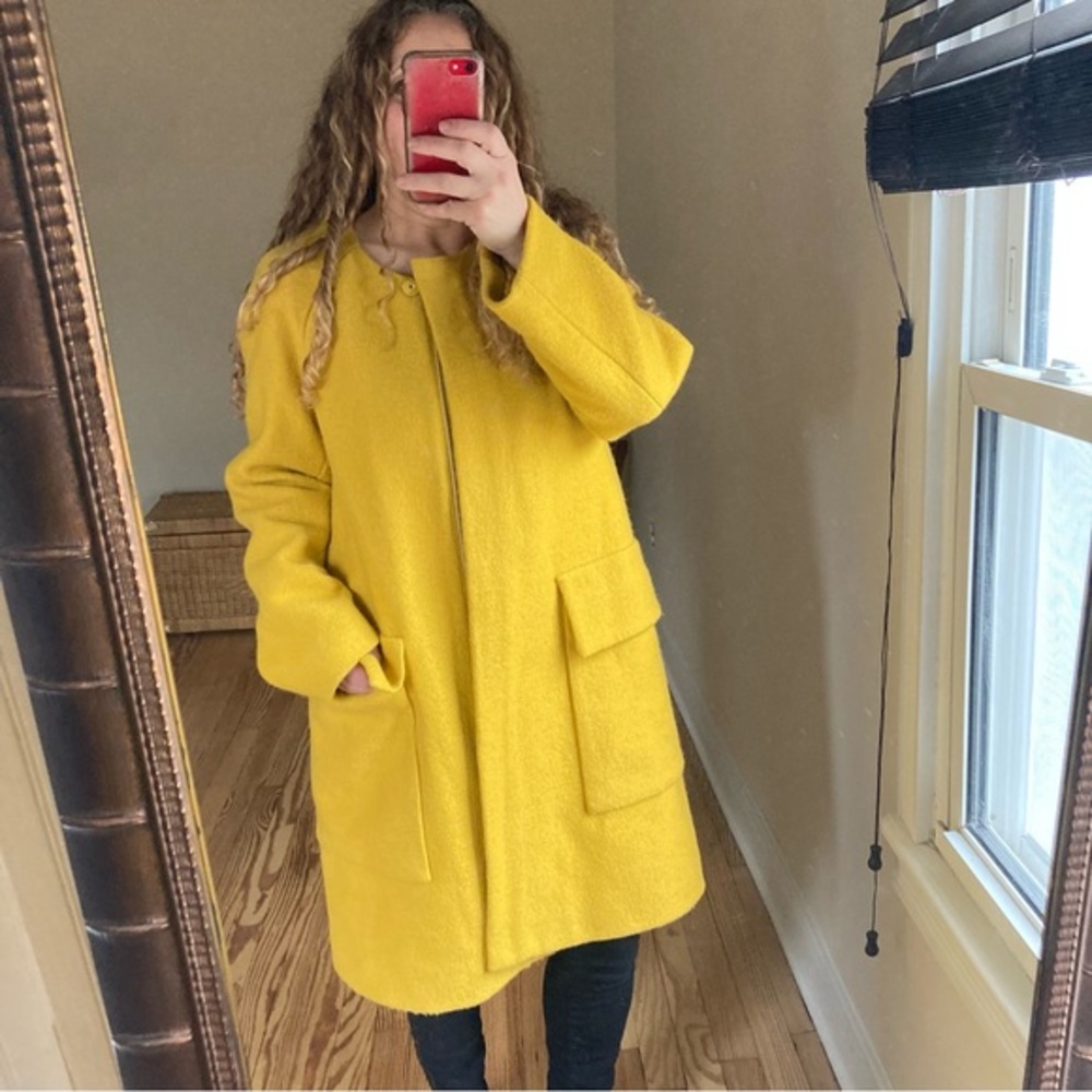 COS winter wool coat long rounded neck yellow goldenrod lagenlook size small